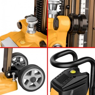 Wiertnica WT350E - zbliżenie na kółka, uchwyt, poziomicę