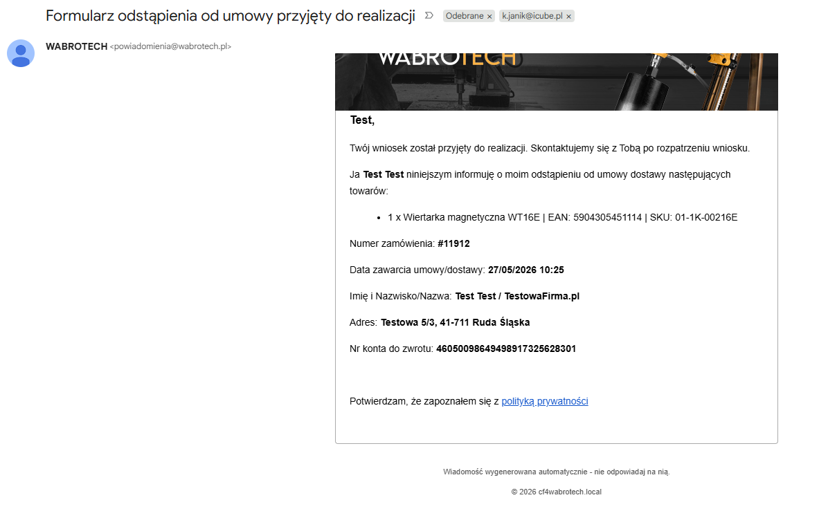 Wiadomość email potwierdzająca zwrot
