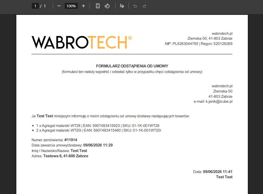 Dokument PDF potwierdzenia zwrotu